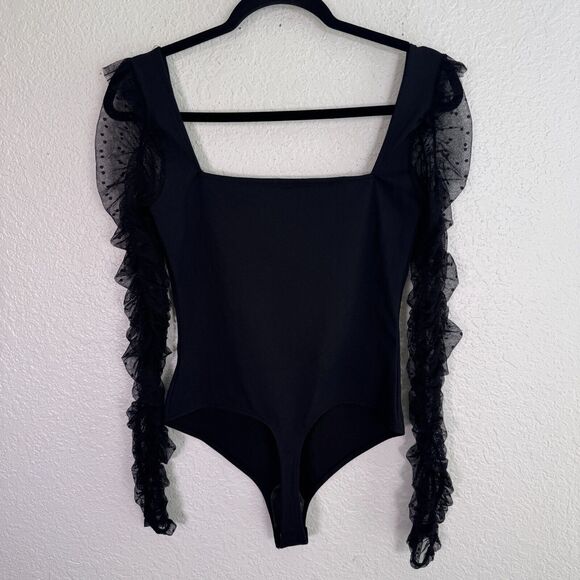 Free People Bodysuit Womens Small Sheer Polka Dot Ruched Sleeves Top Party NEW - Picture 5 of 8